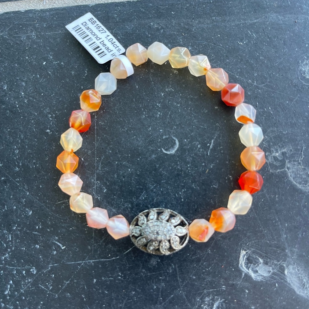 Faceted Carnelian Orange Cream Beaded Bracelet with Diamond Centerpiece 7” long